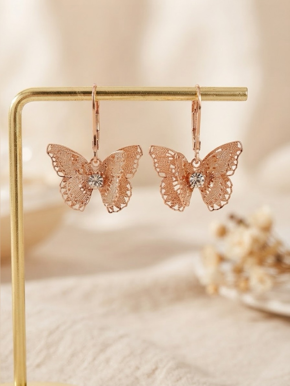 LC Lauren Conrad Butterfly Earrings | Rose Gold Filigree Leverback Drops